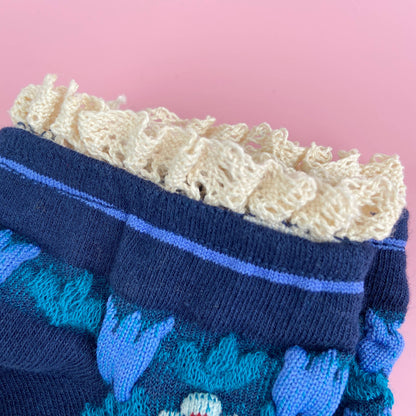 Blue Retro Floral & Lace Ankle Socks
