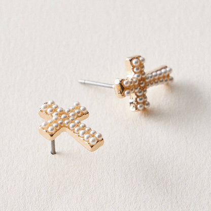 Mini Cross Pearl Earrings