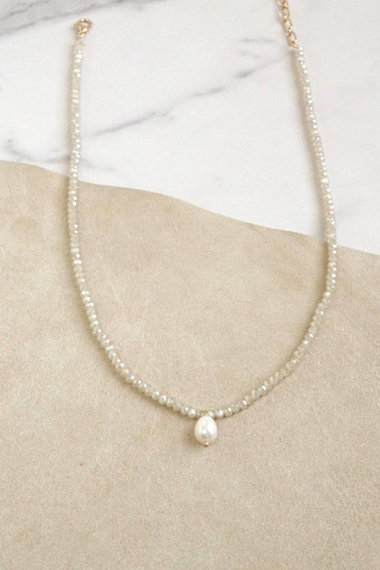 16" Glass Bead Necklace with Freshwater Pearl Pendant - Beige