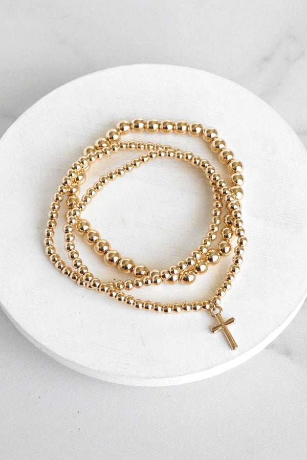 Minimal Cross Charm Bracelet Set with Ball Beads- Shiny Gold
