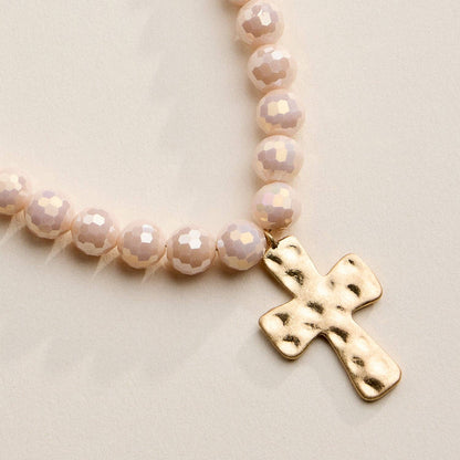 Glass Bead Hammered Cross Necklace - 2 Colors