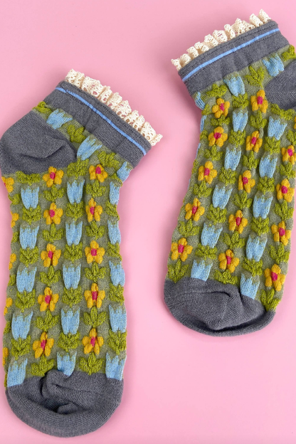 Green Retro Floral Lace Ankle Socks.