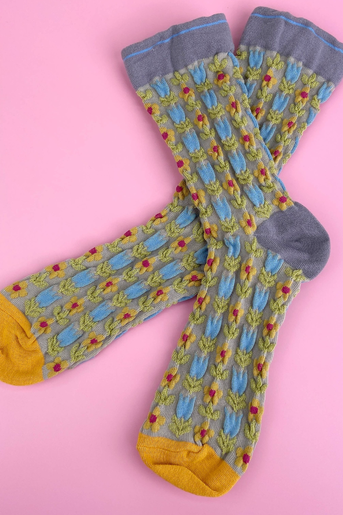 Gray Embossed Floret Long Socks
