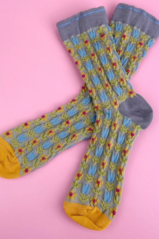 Gray Embossed Floret Long Socks