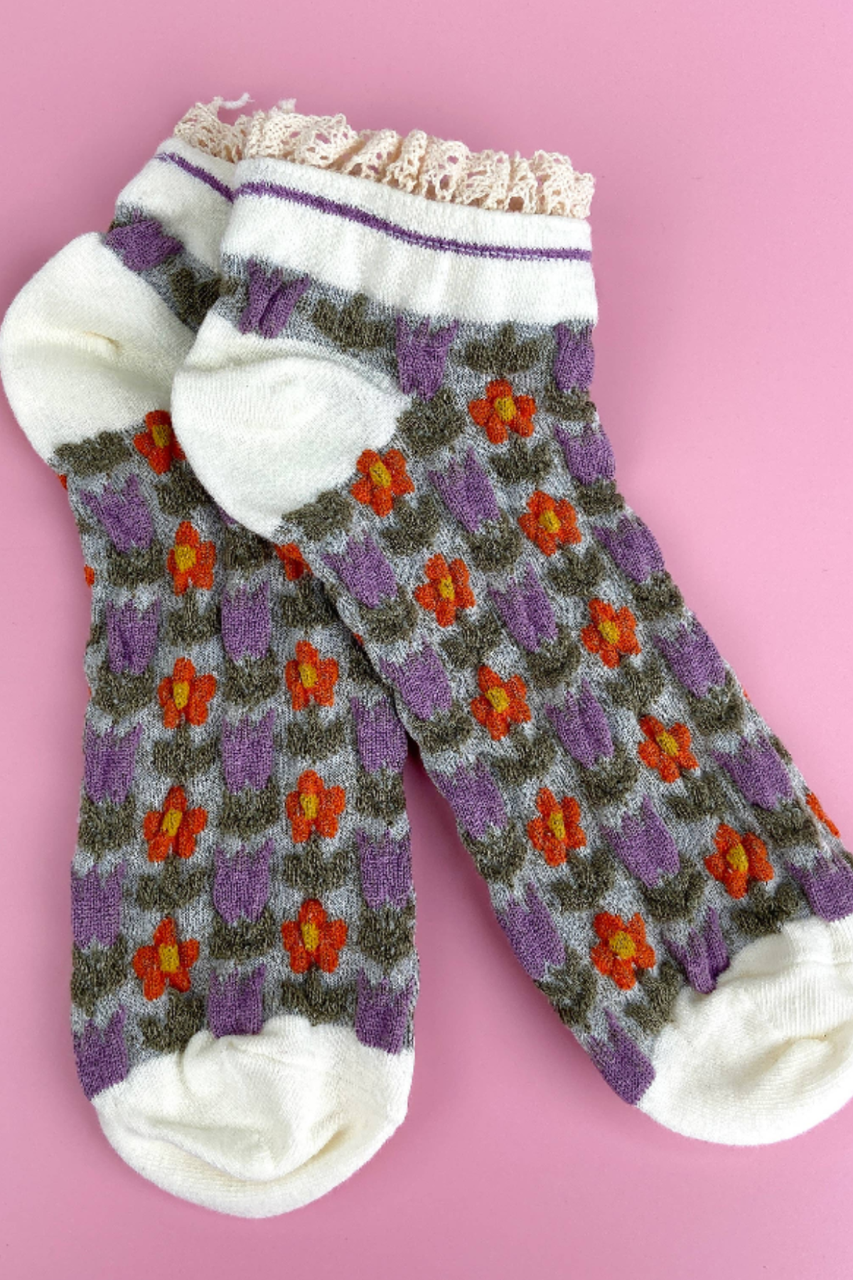 Purple Retro Floral & Lace Ankle Socks