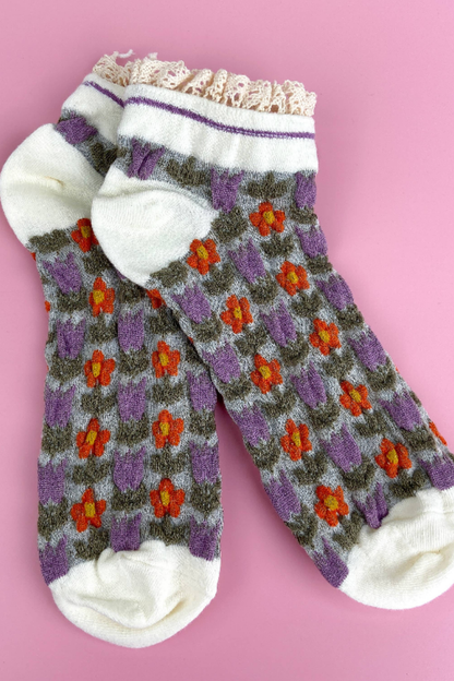 Purple Retro Floral & Lace Ankle Socks